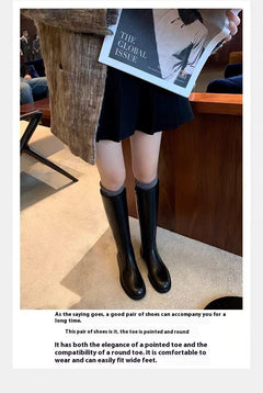 Round Toe Side Zipper Fleece-lined Long Biker Boots Women's Autumn And Winter - TikTopia