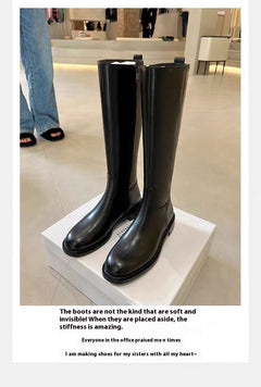 Round Toe Side Zipper Fleece-lined Long Biker Boots Women's Autumn And Winter - TikTopia