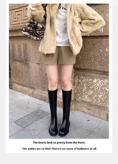 Round Toe Side Zipper Fleece-lined Long Biker Boots Women's Autumn And Winter - TikTopia