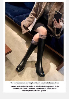 Round Toe Side Zipper Fleece-lined Long Biker Boots Women's Autumn And Winter - TikTopia