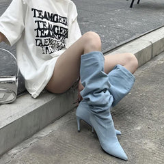 Pointed Toe Women's Stiletto Denim High Heel Below The Knee Boots - TikTopia