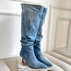 Pointed Toe Women's Stiletto Denim High Heel Below The Knee Boots - TikTopia