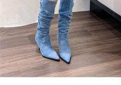 Pointed Toe Women's Stiletto Denim High Heel Below The Knee Boots - TikTopia
