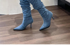 Pointed Toe Women's Stiletto Denim High Heel Below The Knee Boots - TikTopia