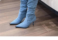 Pointed Toe Women's Stiletto Denim High Heel Below The Knee Boots - TikTopia