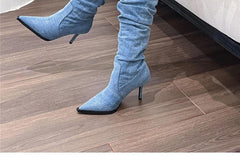Pointed Toe Women's Stiletto Denim High Heel Below The Knee Boots - TikTopia