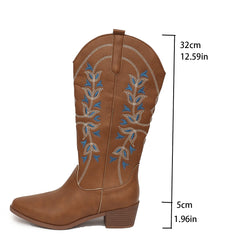 Embroidered Western Cowboy Pointed Toe Chunky Heel Knight Boots - TikTopia