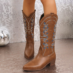 Embroidered Western Cowboy Pointed Toe Chunky Heel Knight Boots - TikTopia