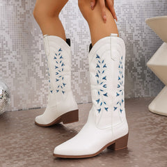 Embroidered Western Cowboy Pointed Toe Chunky Heel Knight Boots - TikTopia