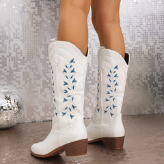 Embroidered Western Cowboy Pointed Toe Chunky Heel Knight Boots - TikTopia