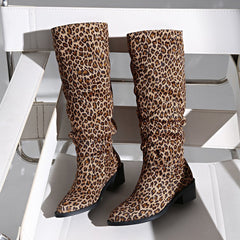 Fashion Square Toe Chunky Heel High Heel Leopard Print Boots - TikTopia