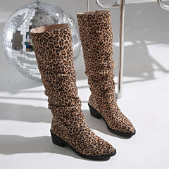 Fashion Square Toe Chunky Heel High Heel Leopard Print Boots - TikTopia