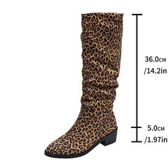 Fashion Square Toe Chunky Heel High Heel Leopard Print Boots - TikTopia