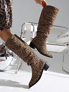 Fashion Square Toe Chunky Heel High Heel Leopard Print Boots - TikTopia