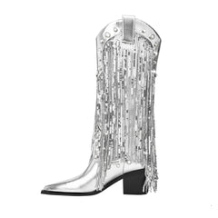 Sequin Tassel Pointed Sleeve High Leg Boot - TikTopia