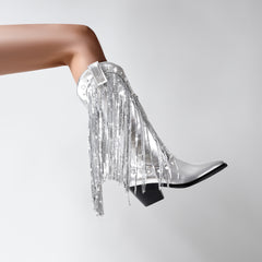 Sequin Tassel Pointed Sleeve High Leg Boot - TikTopia