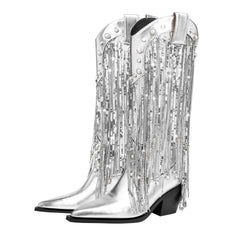 Sequin Tassel Pointed Sleeve High Leg Boot - TikTopia