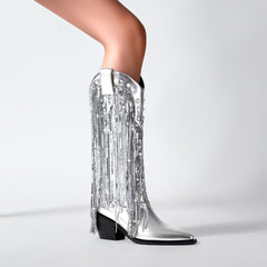 Sequin Tassel Pointed Sleeve High Leg Boot - TikTopia