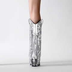 Sequin Tassel Pointed Sleeve High Leg Boot - TikTopia
