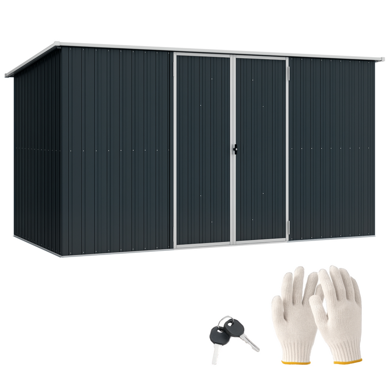 Outsunny 11 x 5.6ft Galvanised Metal Garden Shed with Lockable Doors, Grey - TikTopia