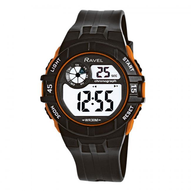 Ravel Mens 3ATM Digital Sports Black/Orange Watch - TikTopia
