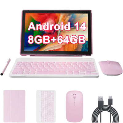 10 inch Android 14 Tablet with Keyboard 2 in 1 Tablets Set Include Case Mouse Stylus 8GB RAM+64GB ROM Quad Core 10.1 Tab 6000mAh Battery 8MP Dual Camera Google GMS Certification Tableta